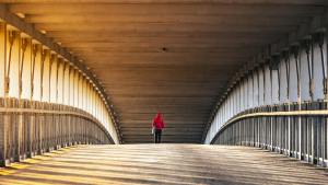 person in red hoodie walking on wooden bridge